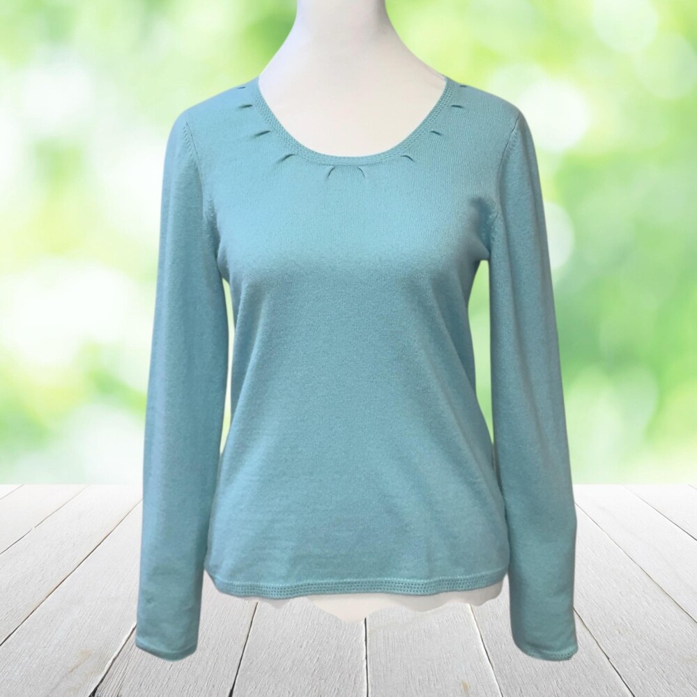 Vintage TWEEDS 100% Cashmere Sweater Pleated Scoop Neck Preppy Aqua 90s Size S